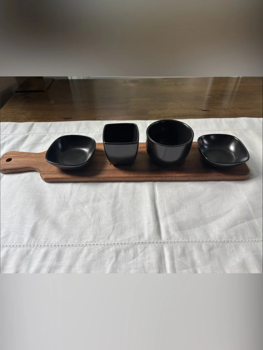 Black Appetizer Set- 4 Bowls with Wooden Tray